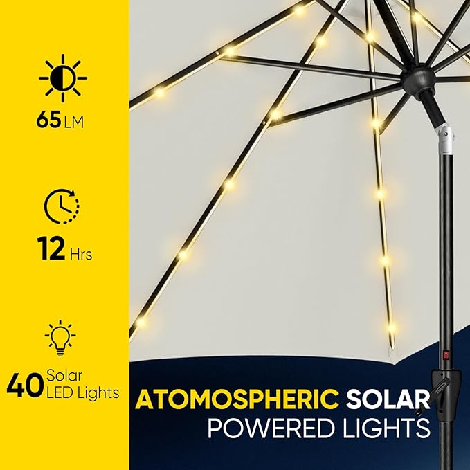 Tempera Solar Patio Umbrella 40 LED Lighted Outdoor Umbrella Table Market Umbrella with Push Button Tilt and Crank, Solar Umbrella with Sturdy Pole&Fade Resistant Canopy, Easy to Set