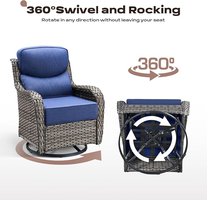 Rilyson Outdoor Patio Furniture Set - Weather Resistant Wicker,High Back,6 inch Cushions,6 Piece Patio Furniture Set with Swivel Rocker Chairs and Side Table for Deck Porch Yard,Mixed Grey/Blue