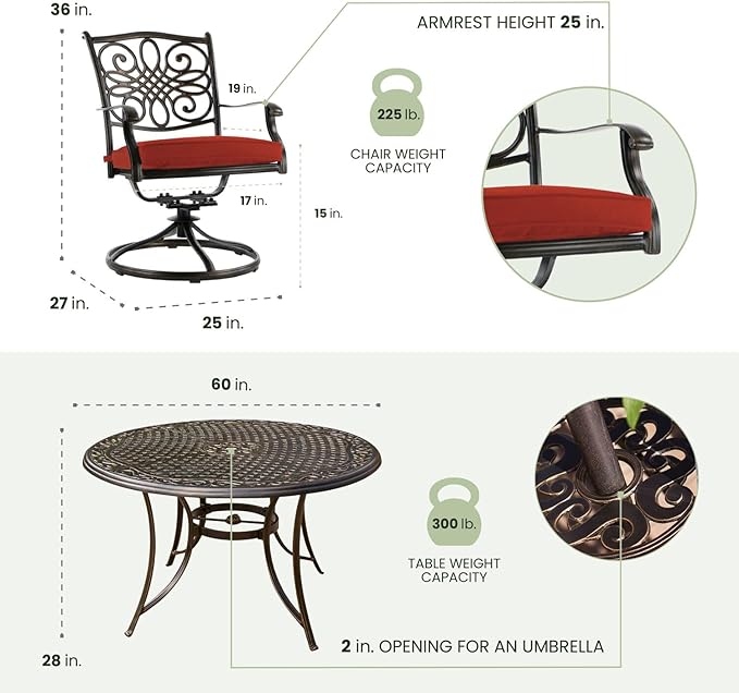 Hanover Traditions 7-Piece Patio Dining Set with 60" Round Cast-Top Table and Swivel Rockers with Autumn Berry Cushions, Patio Dining Set for 6, Premium Weather Resistant Outdoor Dining Set