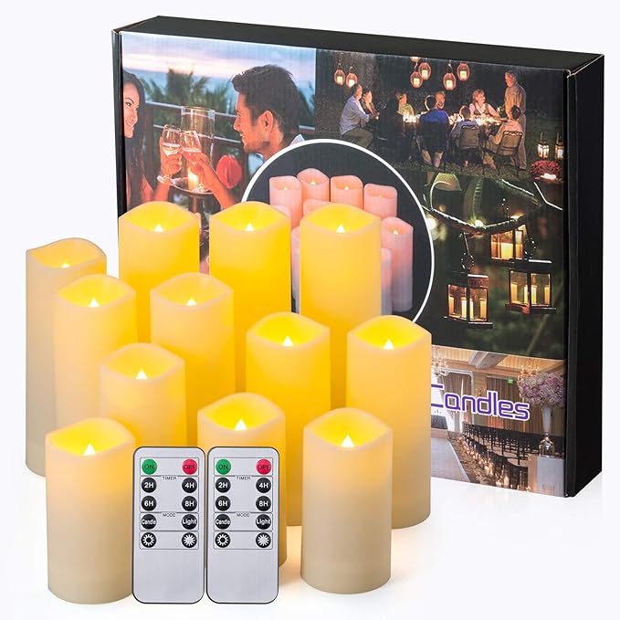Enpornk Waterproof Flickering Flameless Candles, Set of 12 Battery Operated Candles (D2.2'' x H4''5''6''7"), Outdoor Indoor Candles with 10-Key Timer Remote, Long Lasting