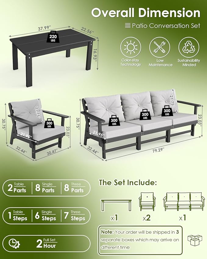 GREENVINES 6-Piece-Patio-Furniture-Set | HDPE Plastic | Outdoor Sectional Conversation Sets | All-Weather Couch | Sofa with Coffee Table | Detachable Armrests | for Deck Lawn | Black