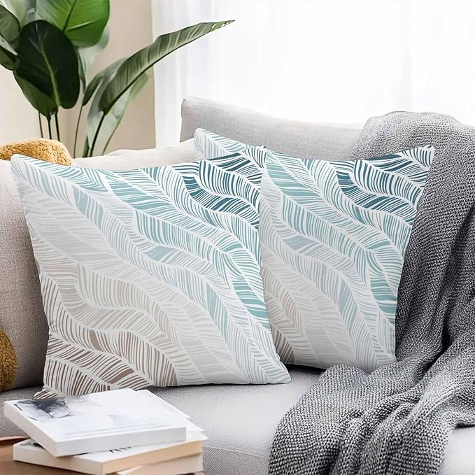 Vandarllin Outdoor Throw Pillows Covers 24x24 inch Set of 2 Waterproof Summer Beach Decorative Zippered Cushion Covers for Patio Furniture, Ombre Blue Abstract Leaf Lines Lumbar Pillowcases