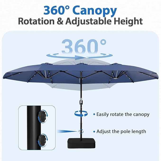 HOPERAN 15FT Patio Umbrella with Base Included, Large Outdoor Double-Sided Rectangle Table Umbrella with Easy Crank Lift, Market Umbrella for Backyard, Pool&Garden