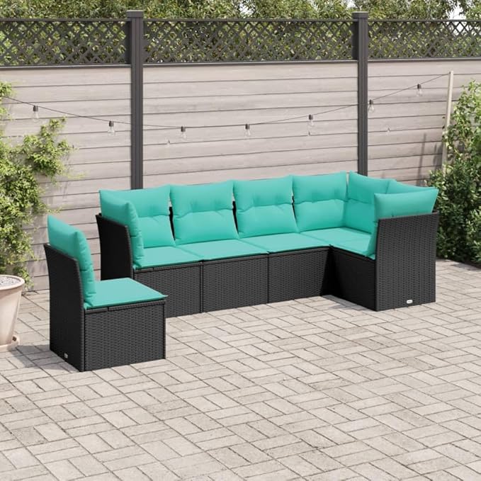 6 Piece Patio Sofa Set with Cushions, Front Porch Furniture Outdoor Sofa Sets Outdoor Dining Sets Patio Conversation Set for Poolside Garden Piazza Negotiation Area Black Poly Rattan