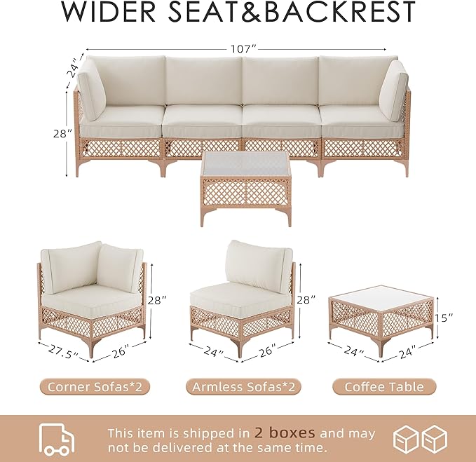 Vikiullf Patio Conversation Set, 5 Piece Outdoor Sectional Sofa Set with Coffee Table, Wicker Bistro Set with Thick Cushions, for Garden, Backyard, Poolside (Beige)