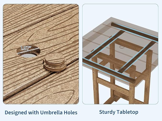 Takywep 31.5" Square HDPE Wood Grain Outdoor Bar Table, 39.6" High Weatherproof Pub Table for Patio and Poolside, Tall Bistro Table with 300 Lb Weight Capacity and Umbrella Hole, Brown