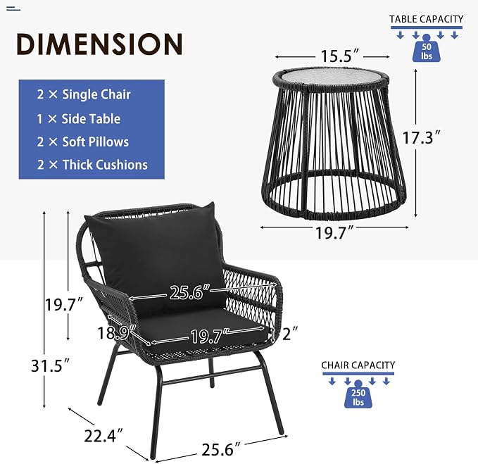 EROMMY 3-Piece Patio Conversation Bistro Set, Outdoor All-Weather Wicker Balcony Furniture with Tempered Glass Top Table & 2 Wide Ergonomic Armchairs, Seat Cushions for Porch Backyard, Black