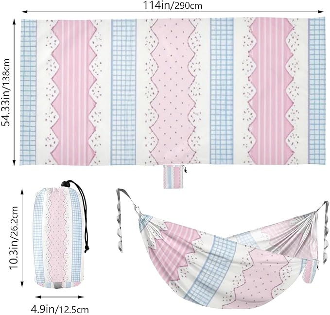 Blue and Pink Cute Lace Stripes 330lb Capacity Outdoor Hammocks with Hanging Rope Rope Hammock for Indoor Outdoor Patio hamacas para Patio