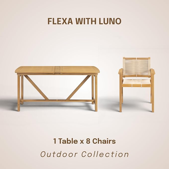 NTC Flexa Extendable Outdoor Dining Table, 63"–94.5" Solid Wood Patio Table for Patio Dining Sets with 8 Luno Chairs Weather Resistant, Easy Assembly, Natural