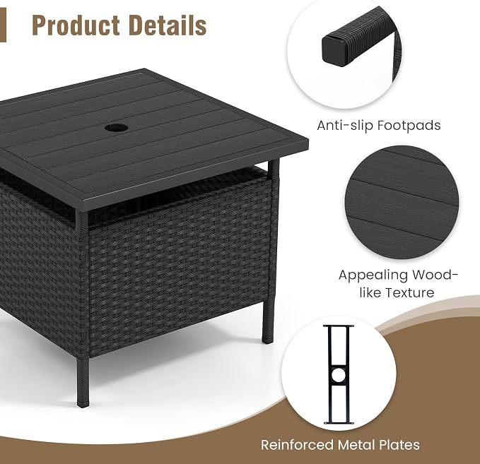 LDAILY Patio Table Umbrella, Outdoor Table with Umbrella Hole, Rattan Patio Side Table with Steel Umbrella Hole, HDPE Desktop & Metal Frame for Deck Garden Poolside Backyard Balcony (Black)
