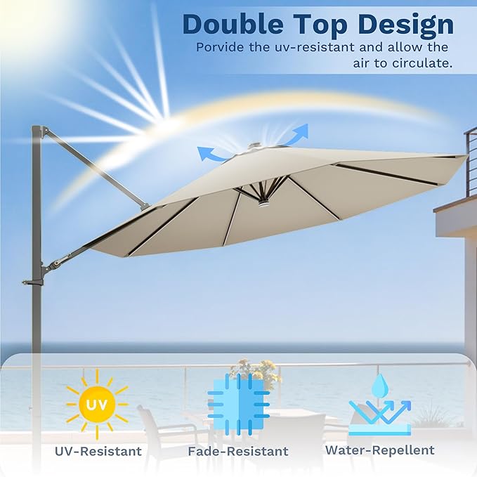 Devoko 10ft Solar LED Patio Umbrella, Round Cantilever Outdoor Umbrella with Solar Lights and 360-Degree Rotation, Large Hanging Offset Market Umbrella with Easy Tilt for Patio Deck Garden,Beige