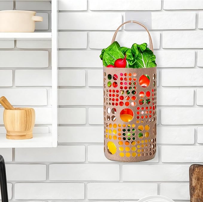 Hanging Fruit Basket 2Pcs Fruit Hammock for Kitchen Space Saving Stackable Wall Storage Bag with Hooks for Fruits, Vegetables, Flowers, Braeds (Brown)