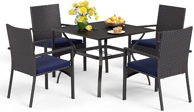 MFSTUDIO 5 Piece Patio Dining Set for 4, Outdoor 37" Square Dining Table with Cushioned Chairs, Deck Dining Furniture Set with Umbrella Hole, Wicker Chairs and Table for Porch, Backyard