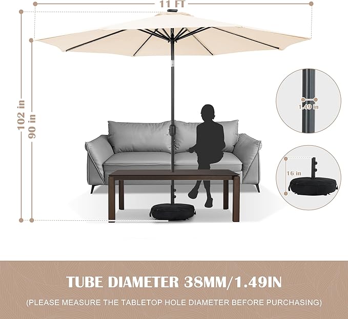 Sundale Outdoor Solar 104 LED 11 ft Patio Umbrella with Sand Bag Umbrella Base, Outdoor Umbrella with Tilt and Crank, Beige