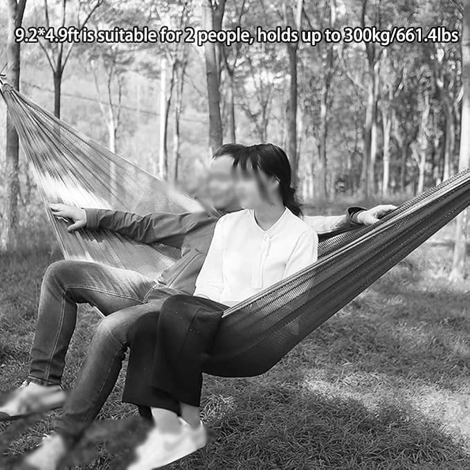 Summer Breathable Ice Silk Hammock, Outdoor Portable Double Hanging Bed, Park Leisure Swing with Straps, Load Bearing 300kg/661.4lbs(Grey)