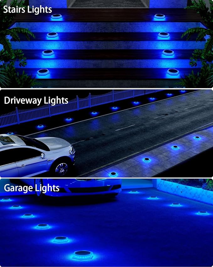 DetarZinLED 6 Packs Solar Driveway Lights Outdoor IP68 Waterproof, Blue Deck Step Lights Solar Powered, Solar Stair Light Stick on LED Light for Dock, Garage, Pool, Fence, Garden Pathway