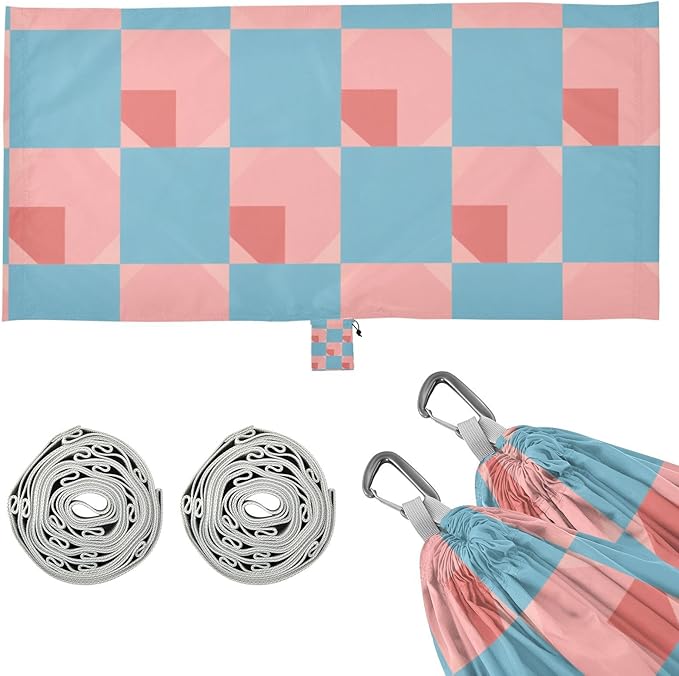 Light Blue and Blush Checkered Pattern 330lb Capacity Outdoor Hammock with Tree Straps Indoor Hammock for Outside Camping Essentials sillas para acampar