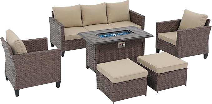 SUNSITT Outdoor Patio Furniture Set with Fire Pit Table 6 Piece Wicker Conversation Set with 43in Propane Firepit Sectional Dining Set 3 Seat Sofa Couch with Ottoman, Brown Wicker & Beige Cushion