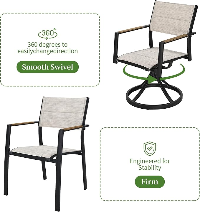 Patio Swivel Chairs Set of 2, Outdoor Swivel Rocker Dining Chair, Outdoor Dining Chair, All Weather Patio Chair with Textilene & Aluminium Frame for Outdoor Poolside Lawn, Brown Armrest