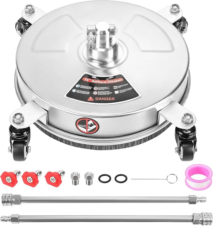 14" Pressure Washer Surface Cleaner with 4 Wheels, Stainless Steel Surface Cleaner for Pressure Washer for Concrete, Patio, Sidewalk & Driveways, 1/4" Quick Plug, 2 Extension Wand, 4000 PSI