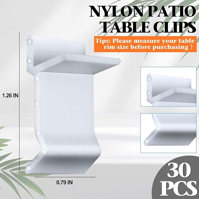 Wenfan 30 Pcs Table Rim Clips 1.26"x0.79" Nylon Patio Table Clips for Glass and Acrylic Table Tops White Patio Furniture Clips - Help Support Tabletops in Rim