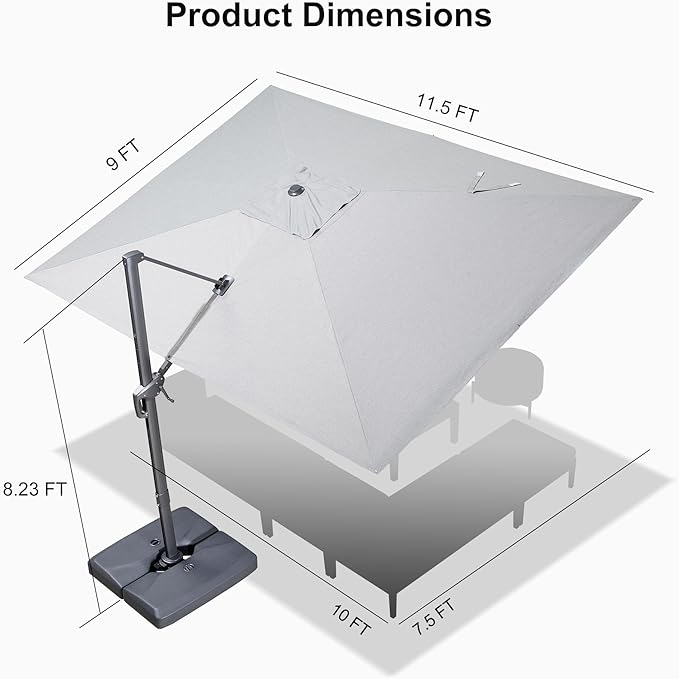 PURPLE LEAF Patio Umbrella 9' X 11.5' Cantilever Umbrella with Central Lights and Base Aluminum Outdoor Umbrellas with 360-degree Rotation & UPF40+ Fabric for Deck Pool Garden Yard, Pebble Grey