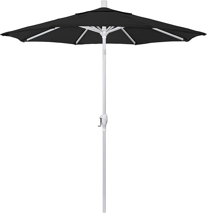 California Umbrella 7.5' Round Aluminum Market Umbrella, Crank Lift, Push Button Tilt, White Pole, Black Olefin