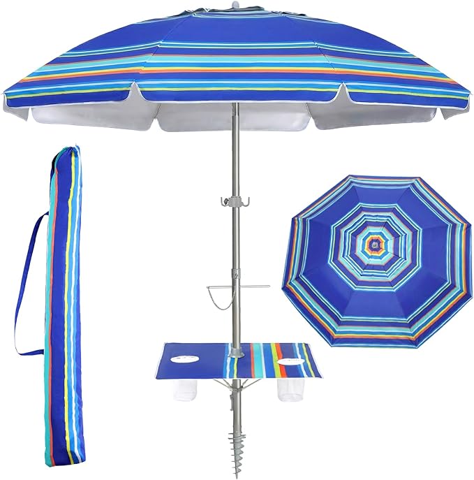 wikiwiki 7ft Beach Umbrella featuring a built-in table, UPF 50+ Protection Beach Umbrellas for Sand with Sand Anchor & Tilt, with Carry Bag and Hook, Dark Blue Stripes