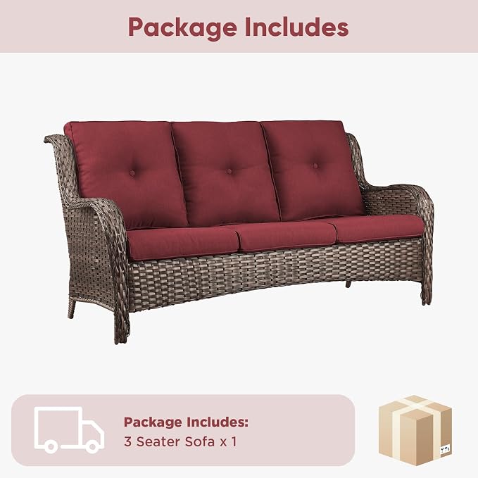 Belord Patio Sofa Luxury PE Wicker 3-Seater Outdoor Couch, Modern All-Weather High Back Deep Seat Woven Furniture Set for Porch, Deck, Balcony, Backyard - Brown/Red
