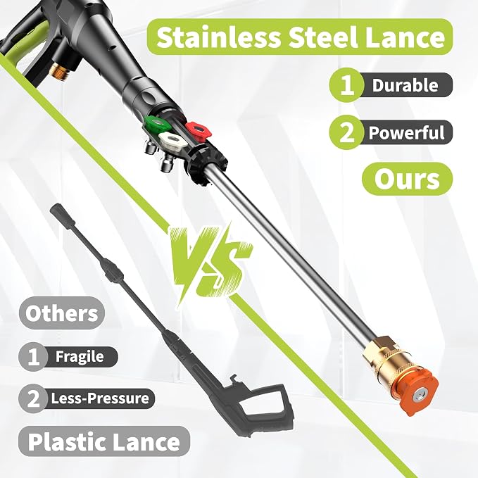 Yeryork Pressure Washer, 3000 PSI Power Washer with 4 Lockable Wheels, Stainless Steel Lance, 4 Quick Connect Nozzles, 500ml Foam Cannon for Car/Decks/Driveways/Patios (Fluorescent Green)