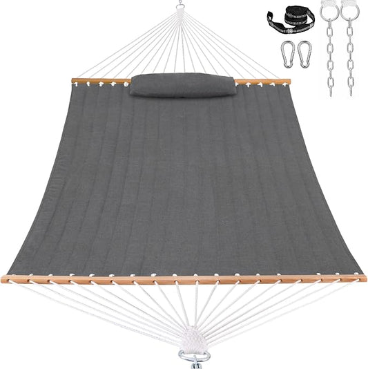 Lazy Daze Hammocks 12 FT Sunbrella Fabric Quilted Hammock Double Sunbrella Quilted Hammock with Spreader Bars & Pillow, All Weather and Fade Resistant for Outdoor, 450 lbs Capacity, Cast Slate