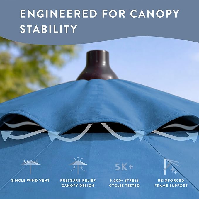 California Umbrella 8-Year Protection 9 Ft Outdoor Patio Umbrella, Solstice Fade-Resistant Fabric, Auto-Tilt, Heavy Duty Aluminum Frame, 8 Reinforced Ribs for Pool or Deck, Bronze Pole, Frost Blue