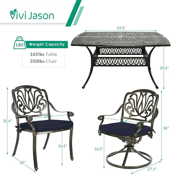 VIVIJASON 9-Piece Outdoor Furniture Dining Set, Cast Aluminum Patio Table and Chairs Set with 4 Stationary Chairs, 4 Swivel Rocker Chairs, 64" Large Square Dining Table, Umbrella Hole, Navy Blue
