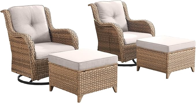 Outdoor Swivel Chairs-Patio Swivel Glider Chairs with Ottomans Outdoor Conversation Set for Deck Balcony Poolside Backyard-Yellow/Beige