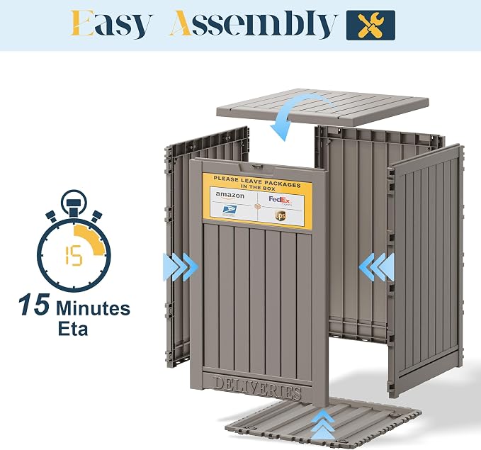 Package Delivery Box for Outside With Sign, Lockable Outdoor Storage Box Waterproof Deck Box, Large Double Wall Resin Parcel Drop Boxes, 48 Gallon, Classic Gray