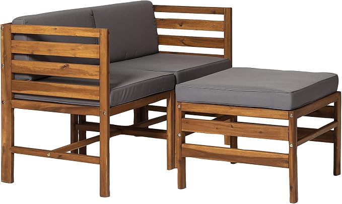 Walker Edison Ravello Contemporary 3 Piece Acacia Wood Outdoor Modular Chat Set with Cushions, Set of 3, Brown