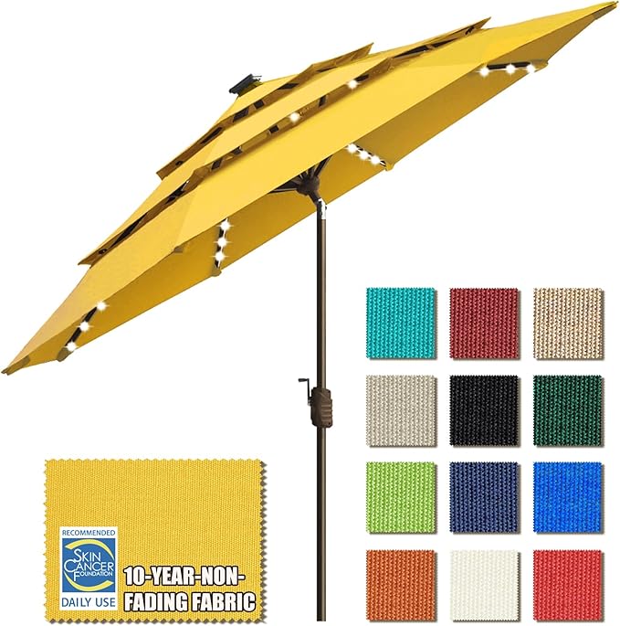 EliteShade USA 10-Year-Non-Fading 9ft 3-Tier Market Patio Umbrella, Commercial Table Umbrella with 80 Solar LED Lights, Crank Open, Windproof & UPF 50+ UV Protection for Garden, Deck, Pool, Backyard, Sunflower Yellow