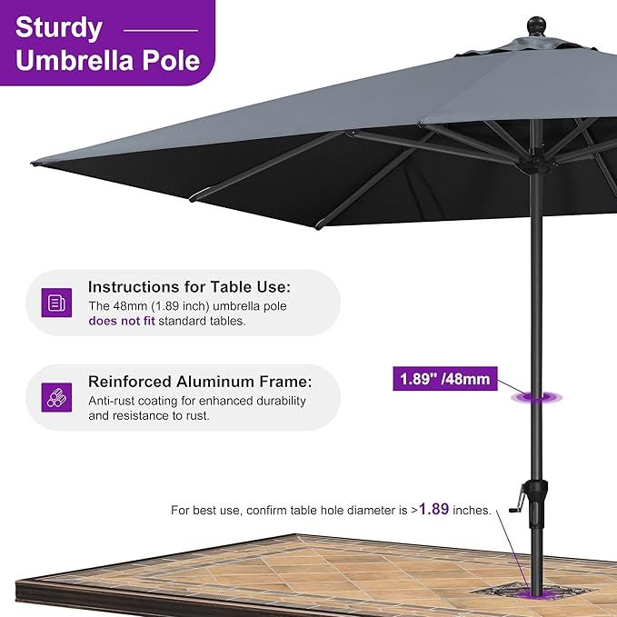 PURPLE LEAF 10' x 8' Patio Market Umbrella Outdoor Table Sun Umbrellas with Crank 8 Aluminum Sturdy Ribs for Pool Deck Backyard Beach Gray