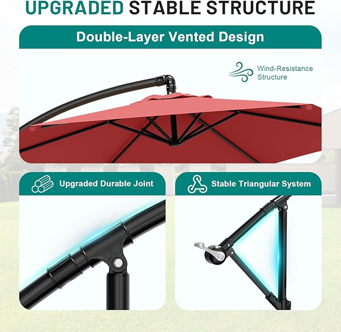 AreShark 10FT Patio Outdoor Umbrella, Offset Patio Umbrella Cantilever Umbrella, 6 Sturdy Ribs, Easy Adjustment for Garden Market Pool with Cross Base (Dark Red)