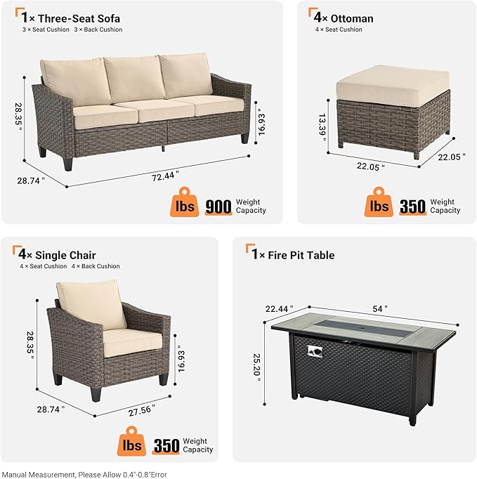 10 PCS Outdoor Patio Furniture 54in Set with Fire Pit Table, All-Weather Rattan Wicker Conversation Group with Deep Seating, High Back Comfort for Porch, Backyard, Beige