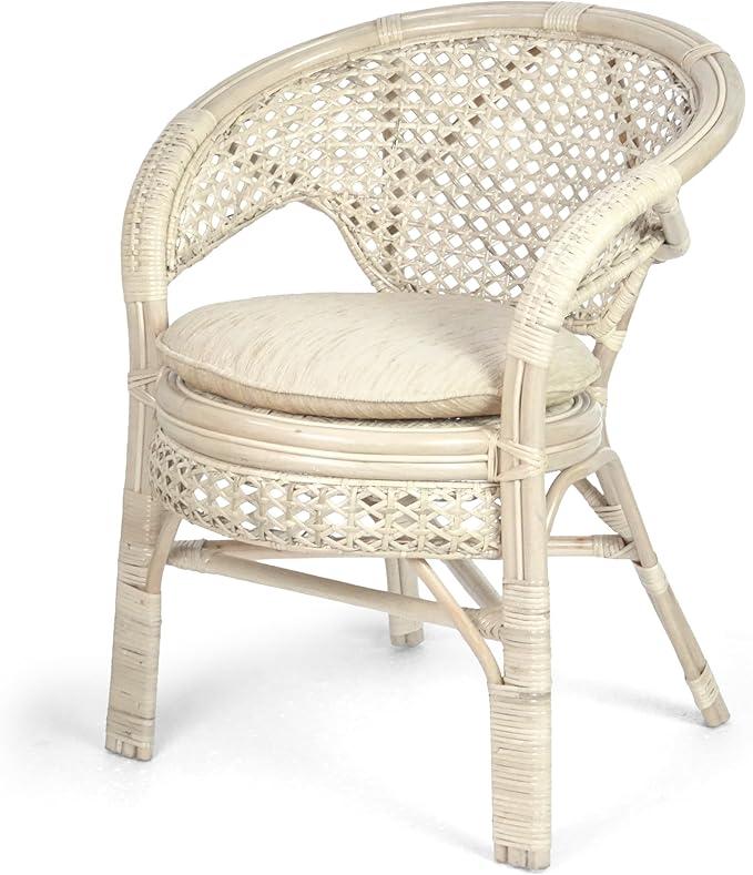 3 Pcs Pelangi Rattan Wicker Dining Set Round Table Glass Top and 2 Arm Chairs with Cream Cushion, White Color