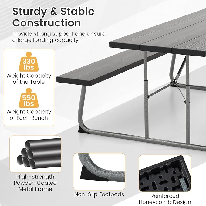 Giantex Folding Picnic Table - 6 FT Outdoor Table Bench Set for 8 Persons w/All-Weather HDPE Tabletop, Metal Leg, Umbrella Hole, Large Outside Dining Table for Patio Garden Yard Poolside (Black)
