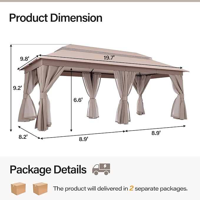 LAUSAINT HOME Patio Gazebo 10'x20', Outdoor Heavy Duty Party Tent Shelter with Double Roofs, Mosquito Nettings and Privacy Screens for Backyard, Garden, Lawn, Khaki