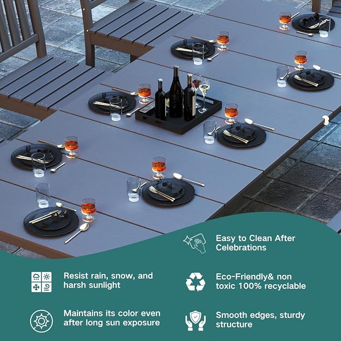 Kingdura 9 Piece Patio Dining Set for 8, HDPE Outdoor Table & Chairs with Umbrella Hole, All-Weather Outdoor Furniture Patio Conversation Set for Lawn Pool Backyard, Grey