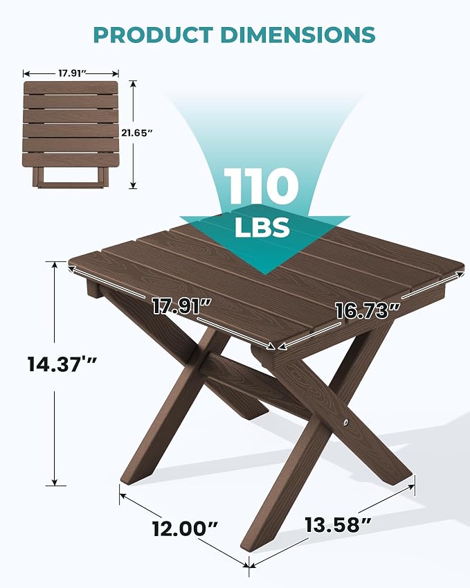 SERWALL Portable Folding Outdoor Side Table - Adirondack Style, HDPE Material, No Assembly Required, Outside End Table for Patio, Porch, Deck, Pool, Coffee