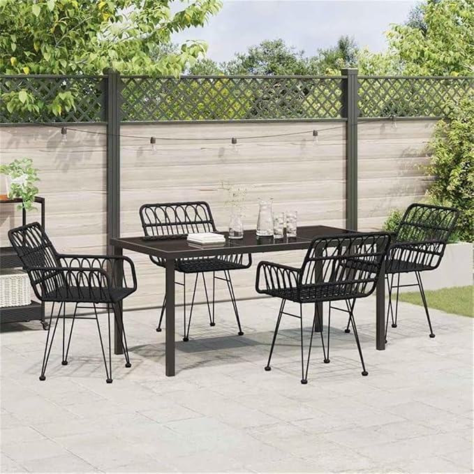 Afuera Living 5 Piece Poly Rattan Garden Dining Set, Black Powder-Coated Finish, UV-Resistant, Rectangular Design, Steel Frame, Weather-Ready Outdoor Patio Furniture for Gatherings or Everyday Use