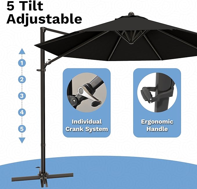 Devoko 10ft Cantilever Patio Umbrella, Round Large Outdoor Umbrella with 360-Degree Rotation, Hanging Offset Market Sun Umbrella, Easy Tilt and Heavy-Duty Frame, for Patio Backyard Garden, Black