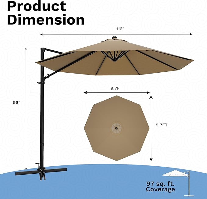 Devoko 10ft Cantilever Patio Umbrella, Round Large Outdoor Umbrella with 360-Degree Rotation, Hanging Offset Market Sun Umbrella, Easy Tilt and Heavy-Duty Frame, for Patio Backyard Garden, Brown