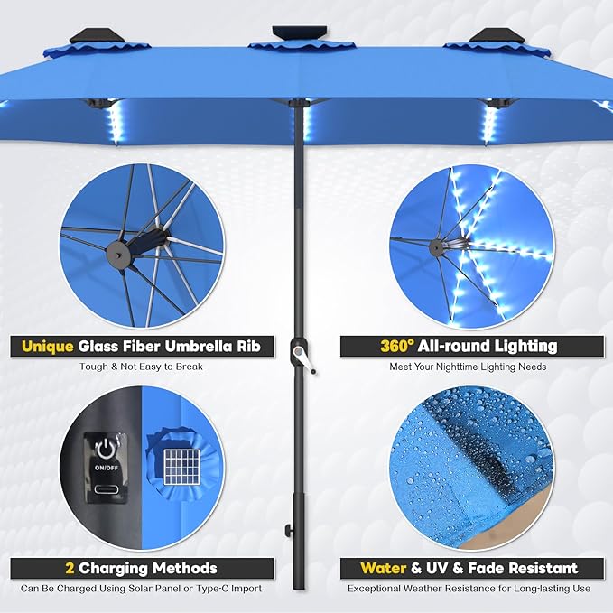 AECOJOY 15ft Patio Umbrella with Solar Lights, Large Patio Umbrella with Crank Handle and 156 PCS LED Lights, Outdoor Rectangular Market Umbrella for Backyard Deck Pool in Blue(1.9" Pole)