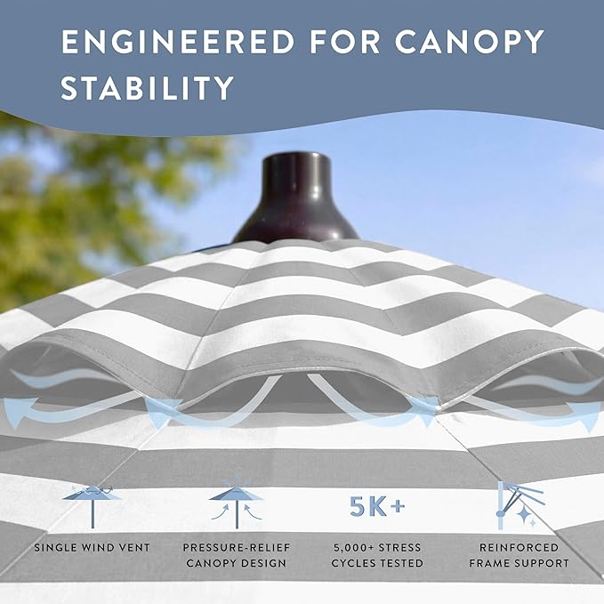 California Umbrella 8-Year Protection 9 Ft Outdoor Patio Umbrella, Solstice Fade-Resistant Fabric, Auto-Tilt, Heavy Duty Aluminum Frame, 8 Reinforced Ribs for Pool or Deck, Bronze Pole, Gray White Cabana Stripe